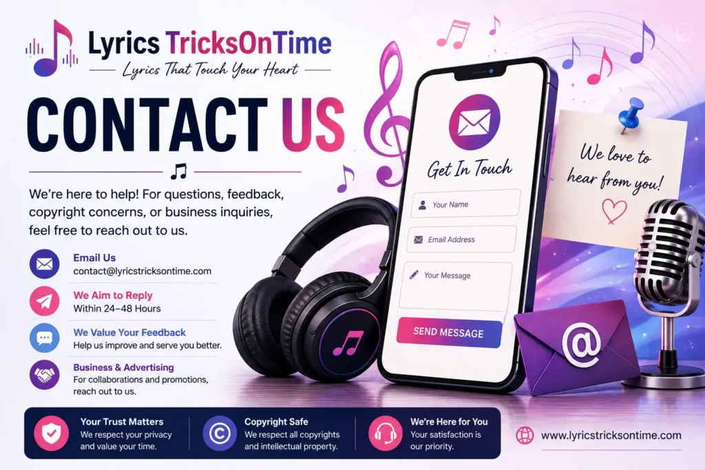 Contact Us page banner for Lyrics TricksOnTime featuring email support, customer assistance, copyright inquiries, business collaborations, headphones, microphone, smartphone contact form, and musical notes.