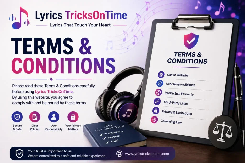 Terms & Conditions page banner for Lyrics TricksOnTime featuring website policies, user agreement, copyright protection, privacy, legal documents, clipboard, headphones, musical notes, and shield icon